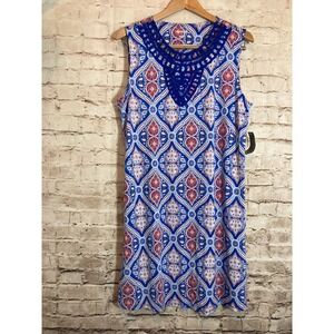 Kim Rogers Tank Dress Womens Large Cobalt Medallion Print Cutout Neck Stretch